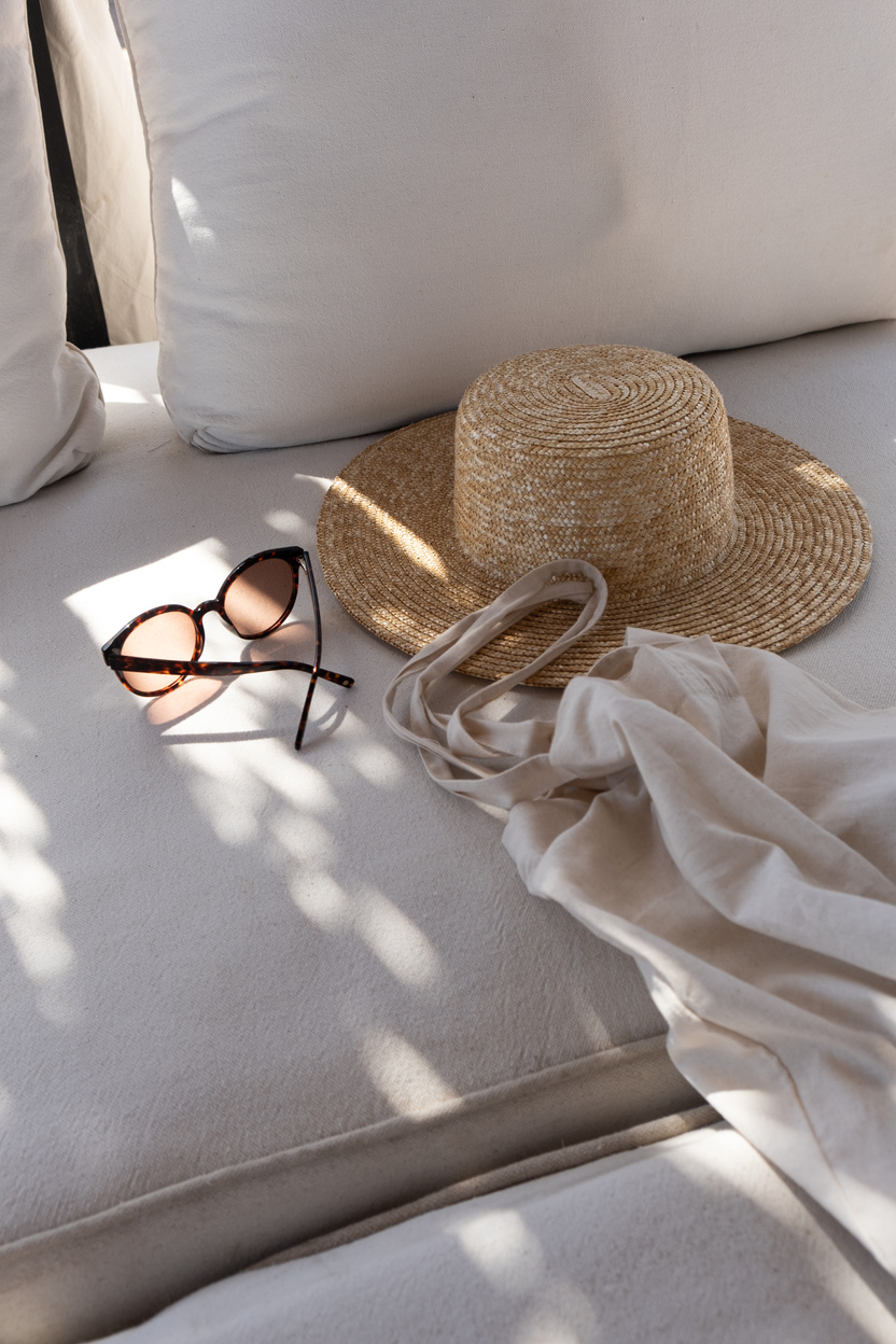 Hat, Sunglasses and Scarf on Sofa 